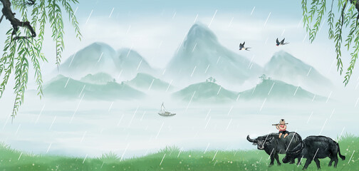 Landscape background illustration of Chinese style cowherd © 心灵艺坊