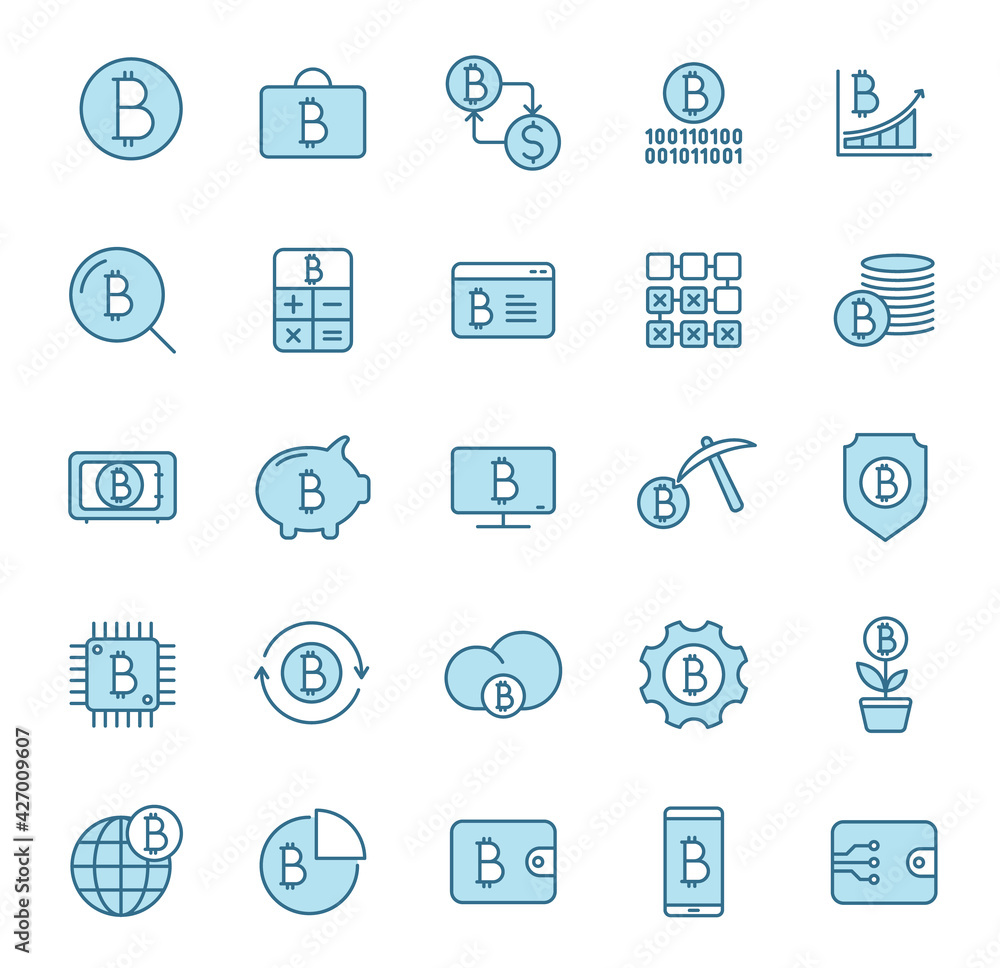 Poster bitcoin line vector icons in two colors isolated on white background. bitcoin cryptocurrency blue ic
