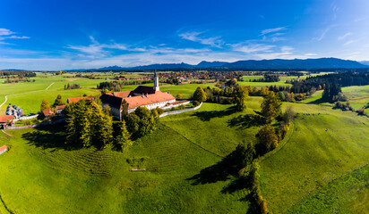 Aerial view of Reutberg Monastery, near Sachsenkam, Upper Bavaria, Bavaria, Germany,
