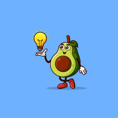 Cute Avocado character with light bulb Idea on hand.creative fruit. Fruit character icon concept isolated. Emoji Sticker. flat cartoon style Vector