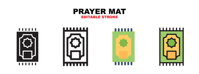 Prayer mat icon set with different styles. Icons designed in filled, outline, flat, glyph and line colored. Editable stroke and pixel perfect. Can be used for web, mobile, ui and more.