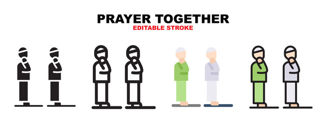 Prayer together icon set with different styles. Icons designed in filled, outline, flat, glyph and line colored. Editable stroke and pixel perfect. Can be used for web, mobile, ui and more.