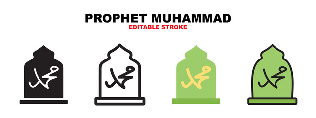 Prophet Muhammad sign icon set with different styles. Icons designed in filled, outline, flat, glyph and line colored. Editable stroke and pixel perfect. Can be used for web, mobile, ui and more.