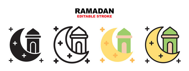 Ramadan icon set with different styles. Icons designed in filled, outline, flat, glyph and line colored. Editable stroke and pixel perfect. Can be used for web, mobile, ui and more.
