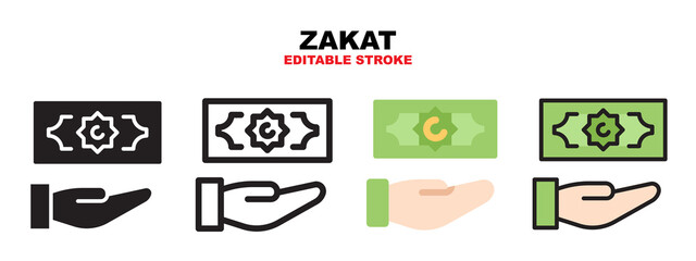 Zakat icon set with different styles. Icons designed in filled, outline, flat, glyph and line colored. Editable stroke and pixel perfect. Can be used for web, mobile, ui and more.