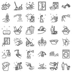 Set vector icon - clean, disinfection, cleaning, washing. Homework, Washing clothes, Hand hygiene, Cleaning windows. Vector, isolated, Outline, 48x48 pixel.