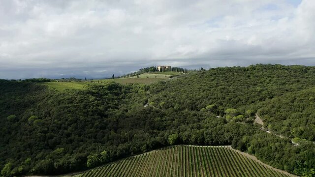 Aerial view, .Italy, Tuscany, province of Siena, Montalcino, Argiano, Sant'Angelo In Colle, Italy, estate Antico Brunello, with olives, and cypresses,