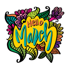 Hello March hand drawn  lettering. Greeting card.