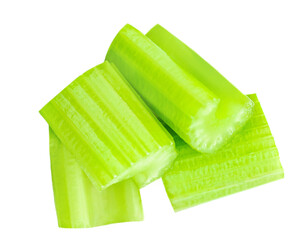 Chopped Celery sticks. Celery isolated on white background. Top view.
