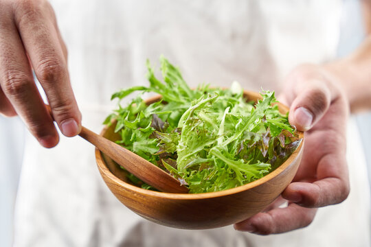 concept of a healthy man wearing an apron with a hand holding a wooden bowl and spoon of fresh leaves salanova salad on white background                            
