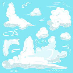 Sky and clouds icons. Creative illustration. Colorful sketch. Idea for decors, logo, patterns, papers, covers, gifts, summer and spring holidays, natural weather themes. Isolated vector art.