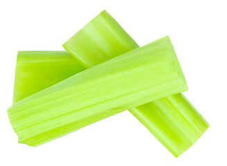 Fresh Celery isolated on white background. Cutted Celery sticks. Top view.