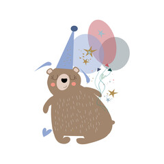Cute teddy bear celebrating his birthday. Vector illustration on white background.