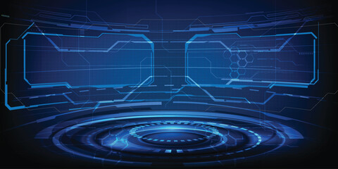 Virtual tech digital hi tech round curve screen with digital element architect environment dark blue stage layout showroom for digital interface artwork.Vector illustrations. © Alleachday