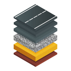 Vector illustration typical asphalt road structure isolated on white background. Realistic cross section road structure diagram in flat cartoon style. Isometric scheme of asphalt paving technology.