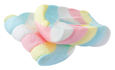 Big and twisted marshmallow candy isolated over white background. Soft and pastel colored zephyr, marshmallow macro image.