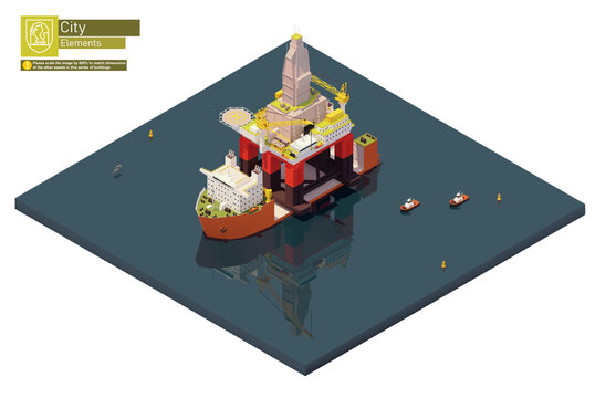 Vector Isometric Semi Submersible Heavy Lift Cargo Ship Transporting Oil Rig. Offshore Drilling Rig Or Oil Platform On Heavy Load Vessel