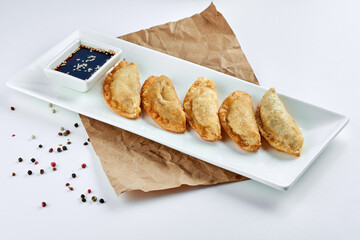 Delicious pan fried Asian gyoza stuffed with meat, served on a white plate. Japanese Jiaozi or dumplings isolated on white background. Pan-Asian cuisine