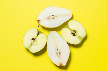 Sliced fruits on a yellow background. Healthy diet. fruit theme. Bright fruit