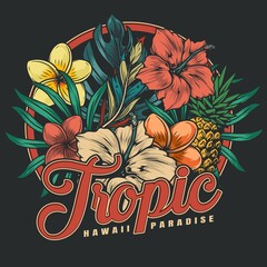 Tropical hawaiian floral colorful label - obrazy, fototapety, plakaty