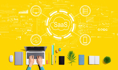 SaaS - software as a service concept with person using a laptop