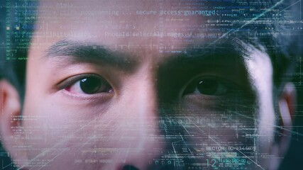 AI technology and future lifestyle, Asian business man eye closeup with futuristic cloud data cyber space computer coding background, business finance investment and digital technology data analysis c