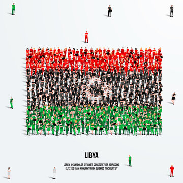 Libya Flag. A large group of people form to create the shape of the Libyan flag. Vector Illustration.
