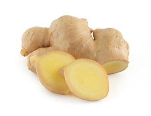 Fresh ginger rhizome and sliced isolated on white background,Herbal,clipping path..