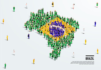 Brazil Map and Flag. A large group of people in Brazilian flag color form to create the map. Vector Illustration. - obrazy, fototapety, plakaty