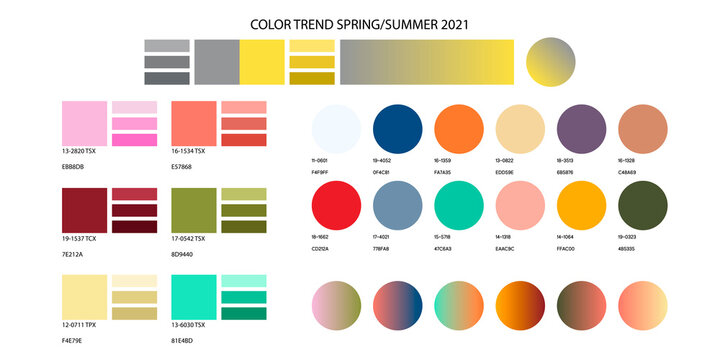 Fashion color trend summer autumn 2021. Color palette forecast of the future color trend. Stock vector palette of shades
