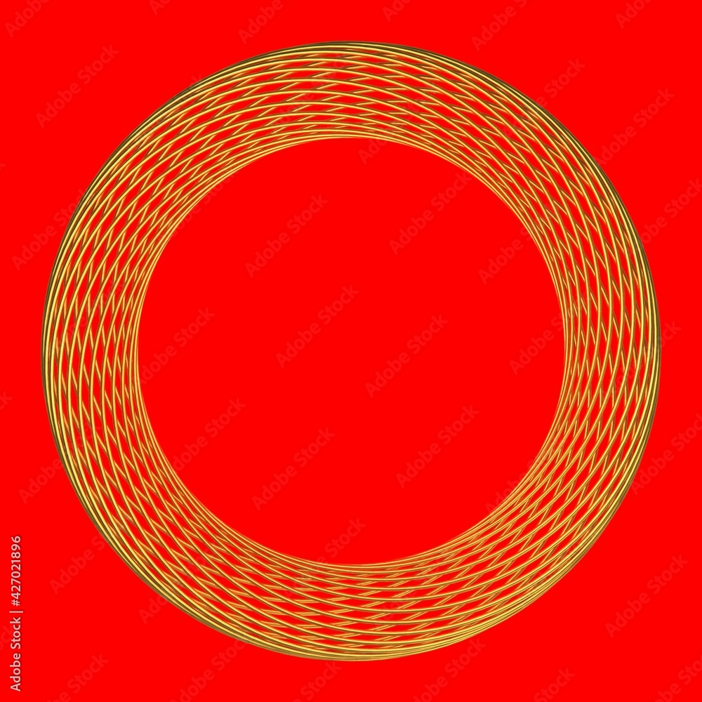 Poster golden circular pattern similar to a wreath. red background. rendering an image.
