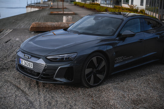 Skien, Norway - April 9, 2021:  grey Audi e-Tron GT is a new grand touring electric sports car