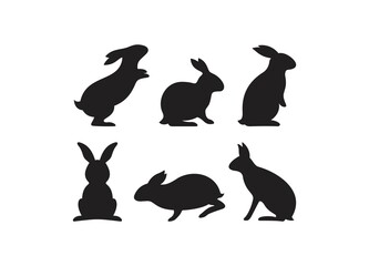 Silhouettes of easter bunny isolated on a white background. Rabbits in various poses