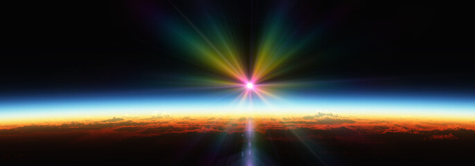 Earth sunrise from space over cloudy ocean. 3d rendering