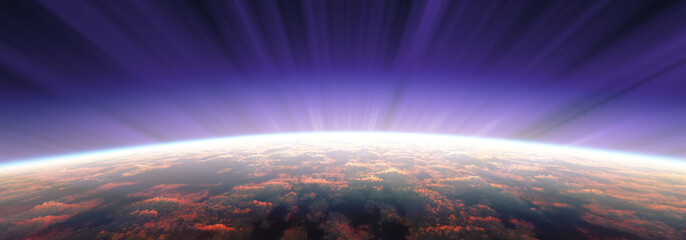 sunrise from space aurora, 3d rendering