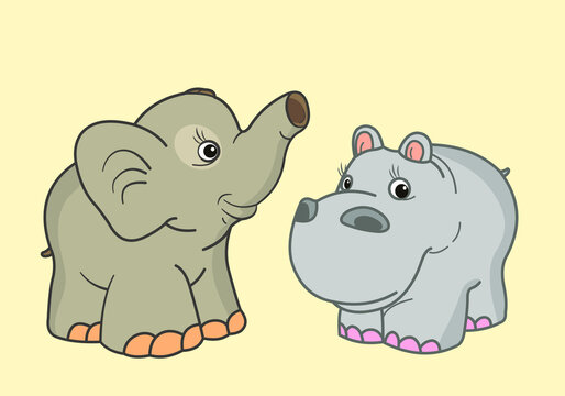 African animals. In the world of animals, nature. Vector image of animals in color. elephant, hippopotamus.