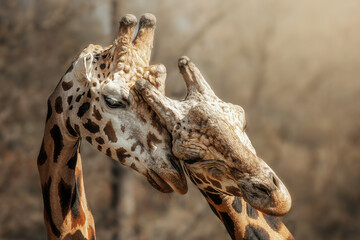 Closeup two Rothschild's Giraffes in the light sunshine, Giraffa camelopardalis or Giraffa camelopardalis rothschildi 