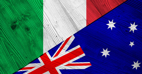 Flag of Italy and Australia on wooden planks