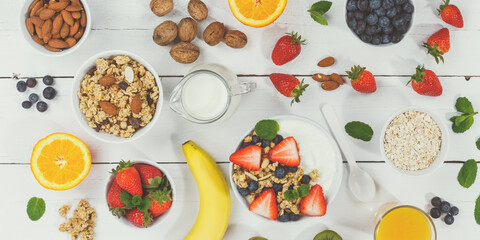 Strawberry yogurt fruit breakfast spoon bowl pot healthy eating yoghurt food wooden board moody banner