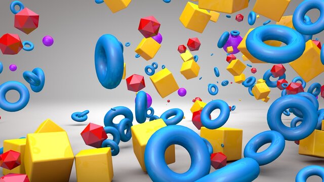 Dise&ntilde;o abstracto de figuras geom&eacute;tricas coloridas. Cubo, toroide, esferas, geometr&iacute;a tridimensional. Fondo 3d