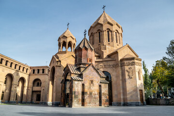 Fototapeta na wymiar panoramic view on Katoghike Holy Mother of God Church, a small medieval church in the Kentron District of Yerevan, the capital of Armenia