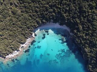 Aerial View Of Blue Lagoon Crystal waters Beach Tropical Islands Of Syvota Town In Epirus Greece