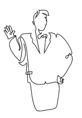 One line drawing of man in tuxedo waving hand.
One continuous line drawing of happy man waving hand.