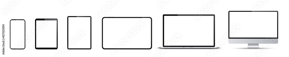 Poster Set of mockup technology devices with empty white display: computer, laptop, tablet and mobile phone - stock vector