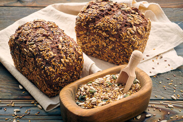 Homemade bread on dark wooden table