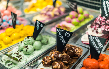 Different sorts of ice creams sold in a coffee shop