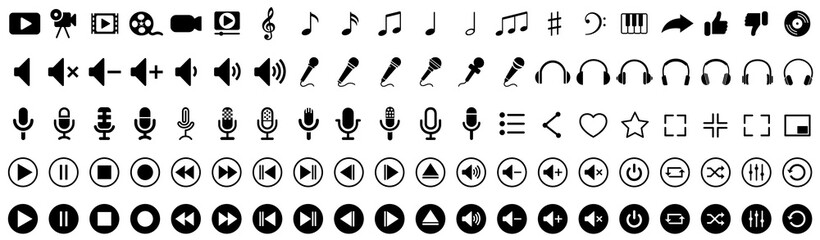 Media player control icon set, music, sound and cinema icon set, interface multimedia symbols video and audio, media player buttons, music speaker volume – stock vector - obrazy, fototapety, plakaty