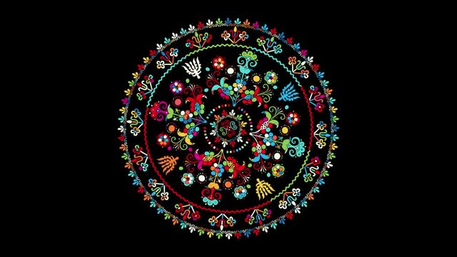 Decorative rotating icon with traditional Hungarian embroidery symbols. Seamless loop over black background.