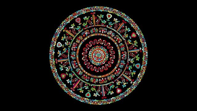 Decorative rotating icon with traditional Hungarian embroidery symbols. Seamless loop over black background.
