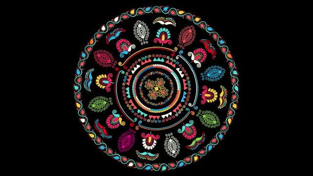 Decorative rotating icon with traditional Hungarian embroidery symbols. Seamless loop over black background.